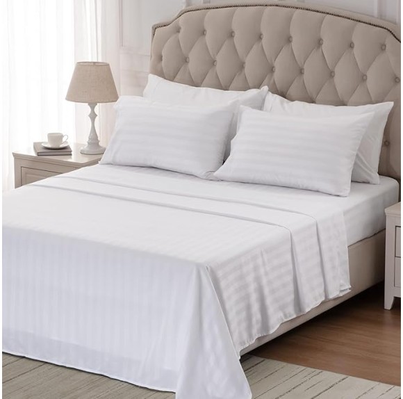 AURAECOM 3-Piece King Size Striped Fitted Microfiber Sheets with Pillow Cover Set, No Flat Sheet, Lightweight, Super Soft, Cooling Breathable, All Season Stripe Bed Sheet Set (White)