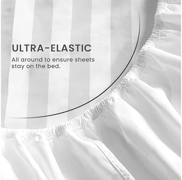 AURAECOM 3-Piece King Size Striped Fitted Microfiber Sheets with Pillow Cover Set, No Flat Sheet, Lightweight, Super Soft, Cooling Breathable, All Season Stripe Bed Sheet Set (White)