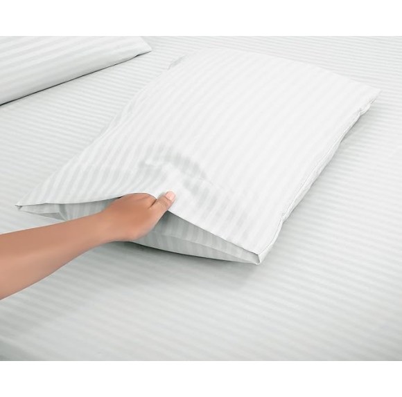 AURAECOM 3-Piece King Size Striped Fitted Microfiber Sheets with Pillow Cover Set, No Flat Sheet, Lightweight, Super Soft, Cooling Breathable, All Season Stripe Bed Sheet Set (White)