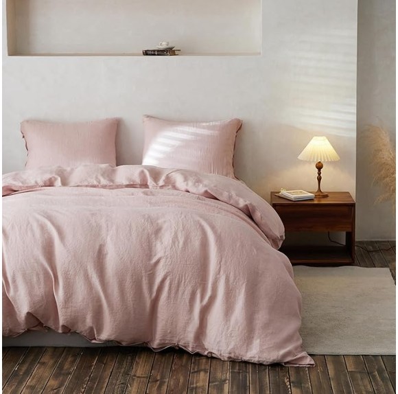 100% Linen Duvet Cover Set, 3 Pieces Belgian Flax Breathable Bedding, 1 Comforter Cover+2 Pillowshams with Coconut Button Closure(King,Dusty Pink)