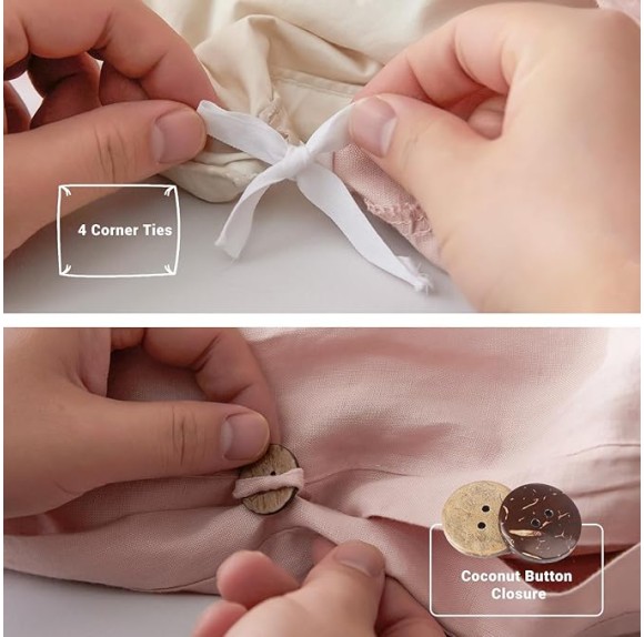 100% Linen Duvet Cover Set, 3 Pieces Belgian Flax Breathable Bedding, 1 Comforter Cover+2 Pillowshams with Coconut Button Closure(King,Dusty Pink)