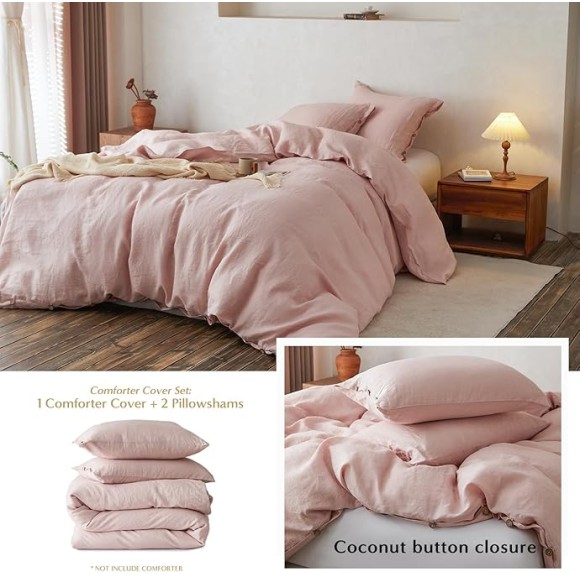 100% Linen Duvet Cover Set, 3 Pieces Belgian Flax Breathable Bedding, 1 Comforter Cover+2 Pillowshams with Coconut Button Closure(King,Dusty Pink)