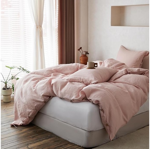 100% Linen Duvet Cover Set, 3 Pieces Belgian Flax Breathable Bedding, 1 Comforter Cover+2 Pillowshams with Coconut Button Closure(King,Dusty Pink)