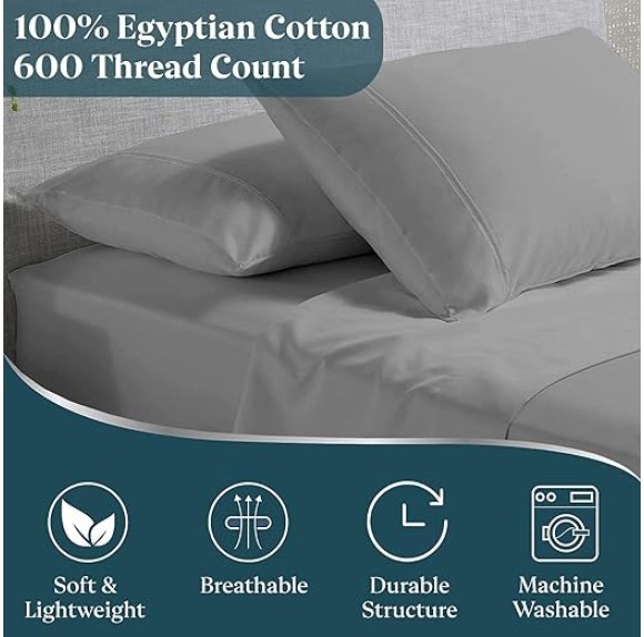 Split California King Sheets Set - 100% Egyptian Cotton, 600 Thread Count - 5 PCs, Split Cal King Sheets Sets for Adjustable Beds - Luxury Soft Hotel-Quality Sheets with Sateen Weave - Light Grey