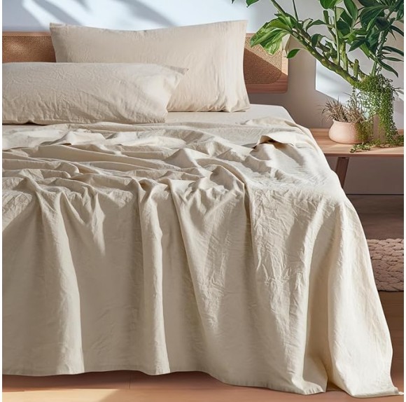100% French Pure Linen Sheets, Breathable and Durable Line King Size Sheets, Anti-Tear Line Bed Sheets, Machine Washable, 16 Inch Deep Pocket - 4 Piece (Natural Linen, King)