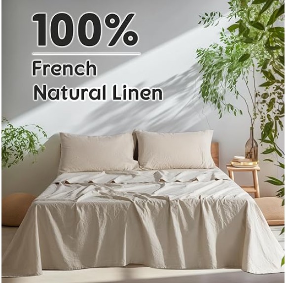 100% French Pure Linen Sheets, Breathable and Durable Line King Size Sheets, Anti-Tear Line Bed Sheets, Machine Washable, 16 Inch Deep Pocket - 4 Piece (Natural Linen, King)