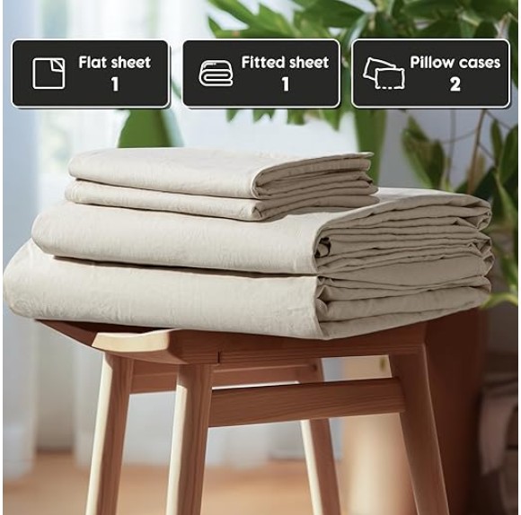100% French Pure Linen Sheets, Breathable and Durable Line King Size Sheets, Anti-Tear Line Bed Sheets, Machine Washable, 16 Inch Deep Pocket - 4 Piece (Natural Linen, King)