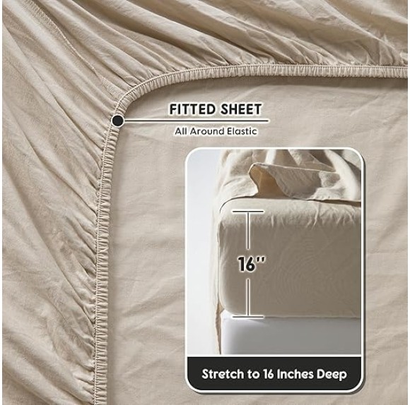 100% French Pure Linen Sheets, Breathable and Durable Line King Size Sheets, Anti-Tear Line Bed Sheets, Machine Washable, 16 Inch Deep Pocket - 4 Piece (Natural Linen, King)