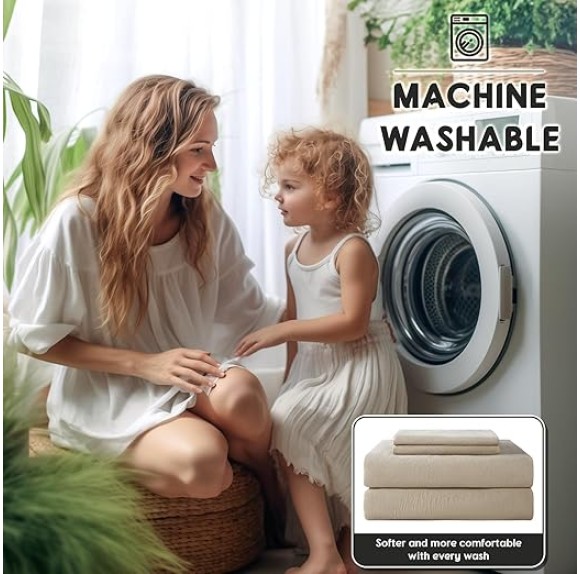 100% French Pure Linen Sheets, Breathable and Durable Line King Size Sheets, Anti-Tear Line Bed Sheets, Machine Washable, 16 Inch Deep Pocket - 4 Piece (Natural Linen, King)