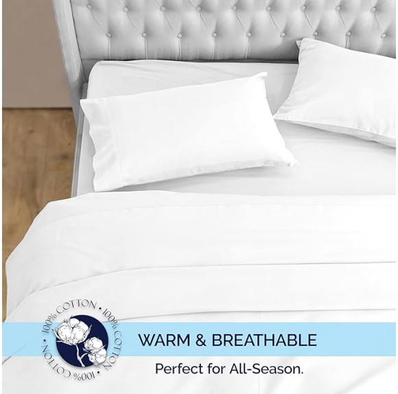 Soft 4-Piece 100% Turkish Cotton Flannel Sheet Set - Premium Quality, Deep Pocket Fitted Sheet, Ultra Soft, Cozy Warm Flannel Sheets - Full, White