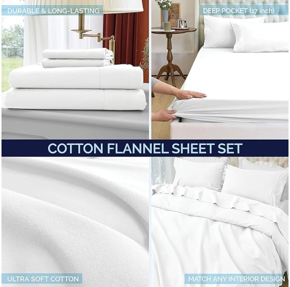 Soft 4-Piece 100% Turkish Cotton Flannel Sheet Set - Premium Quality, Deep Pocket Fitted Sheet, Ultra Soft, Cozy Warm Flannel Sheets - Full, White