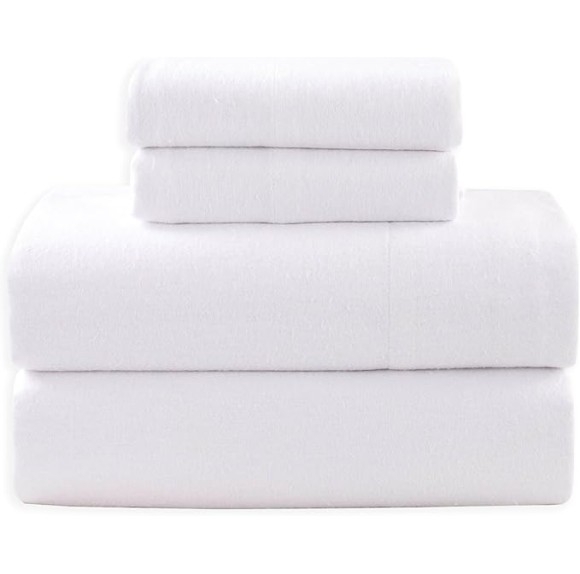 Soft 4-Piece 100% Turkish Cotton Flannel Sheet Set - Premium Quality, Deep Pocket Fitted Sheet, Ultra Soft, Cozy Warm Flannel Sheets - Full, White