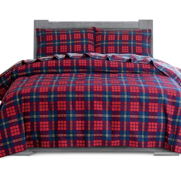 Soft 4-Piece 100% Turkish Cotton Flannel Sheet Set - Premium Quality, Deep Pocket Fitted Sheet, Ultra Soft, Cozy Warm Flannel Sheets - King, Plaid-Red/Navy