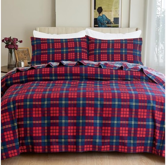 Soft 4-Piece 100% Turkish Cotton Flannel Sheet Set - Premium Quality, Deep Pocket Fitted Sheet, Ultra Soft, Cozy Warm Flannel Sheets - King, Plaid-Red/Navy