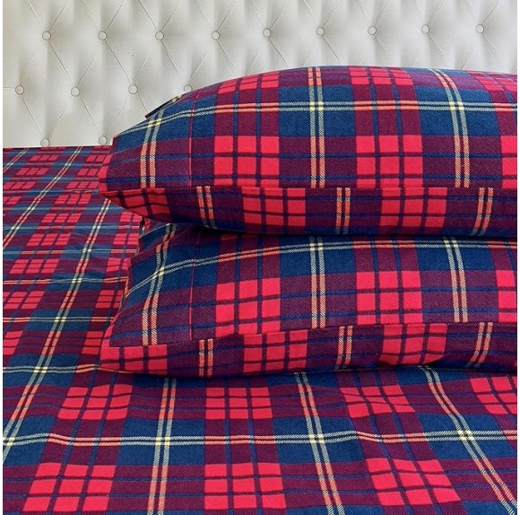 Soft 4-Piece 100% Turkish Cotton Flannel Sheet Set - Premium Quality, Deep Pocket Fitted Sheet, Ultra Soft, Cozy Warm Flannel Sheets - King, Plaid-Red/Navy