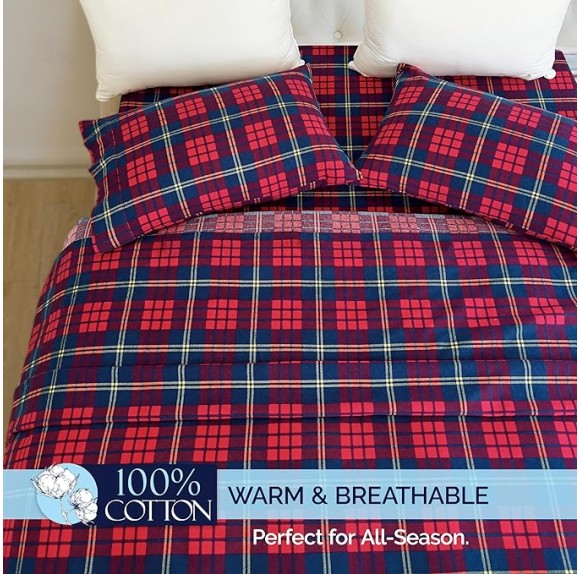 Soft 4-Piece 100% Turkish Cotton Flannel Sheet Set - Premium Quality, Deep Pocket Fitted Sheet, Ultra Soft, Cozy Warm Flannel Sheets - King, Plaid-Red/Navy