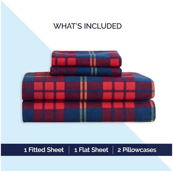 Soft 4-Piece 100% Turkish Cotton Flannel Sheet Set - Premium Quality, Deep Pocket Fitted Sheet, Ultra Soft, Cozy Warm Flannel Sheets - King, Plaid-Red/Navy