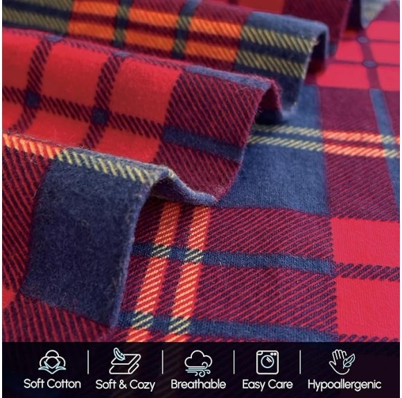 Soft 4-Piece 100% Turkish Cotton Flannel Sheet Set - Premium Quality, Deep Pocket Fitted Sheet, Ultra Soft, Cozy Warm Flannel Sheets - King, Plaid-Red/Navy
