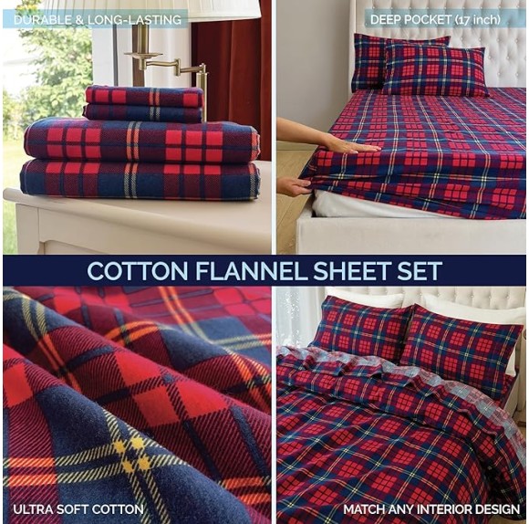 Soft 4-Piece 100% Turkish Cotton Flannel Sheet Set - Premium Quality, Deep Pocket Fitted Sheet, Ultra Soft, Cozy Warm Flannel Sheets - King, Plaid-Red/Navy