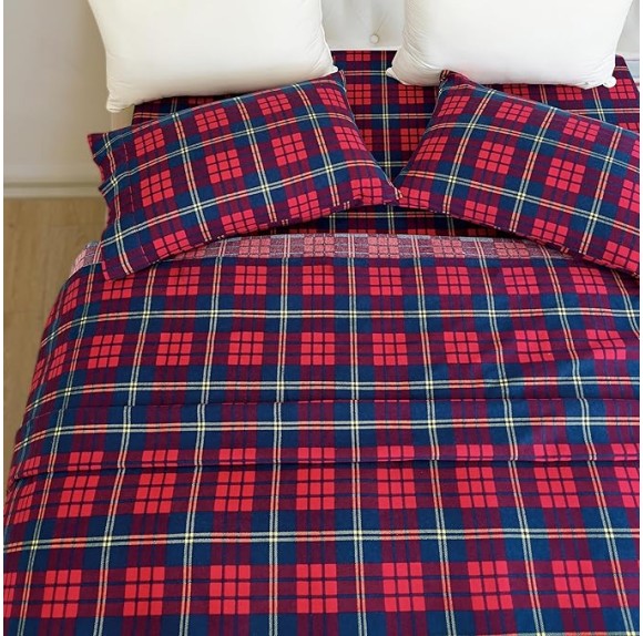 Soft 4-Piece 100% Turkish Cotton Flannel Sheet Set - Premium Quality, Deep Pocket Fitted Sheet, Ultra Soft, Cozy Warm Flannel Sheets - King, Plaid-Red/Navy