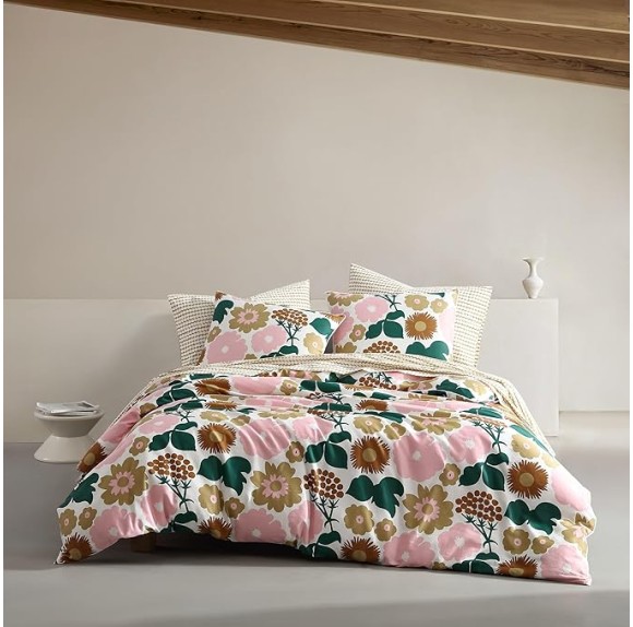 - King Duvet Cover Set, Organic Cotton Bedding with Matching Shams, Bold Floral Home Decor, GOTS Certified (Pieni Kukkatori Pink, King)