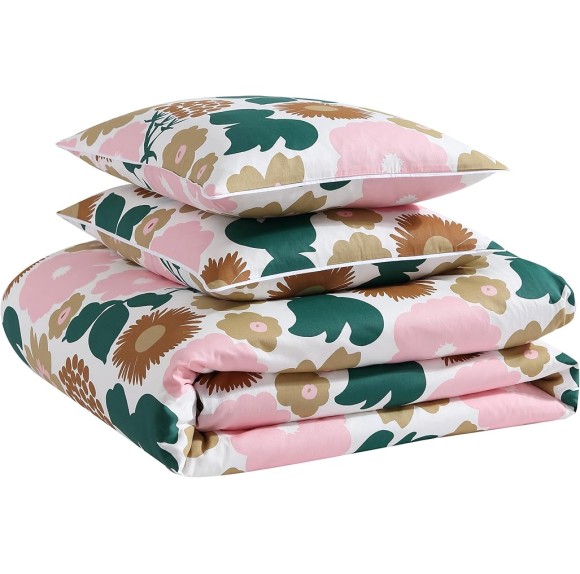 - King Duvet Cover Set, Organic Cotton Bedding with Matching Shams, Bold Floral Home Decor, GOTS Certified (Pieni Kukkatori Pink, King)