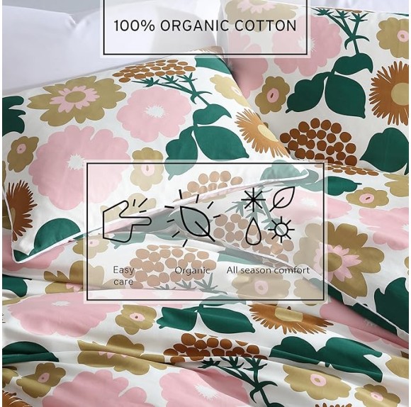 - King Duvet Cover Set, Organic Cotton Bedding with Matching Shams, Bold Floral Home Decor, GOTS Certified (Pieni Kukkatori Pink, King)