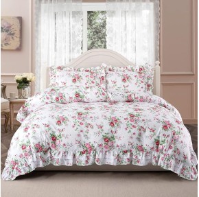 Ruffle Duvet Cover Set Queen, 100% Cotton Pink Rose Floral Duvet Cover Cottage French Countryside Vintage Shabby and Chic 3 Pieces with Pillow Shams (Rose,Full)