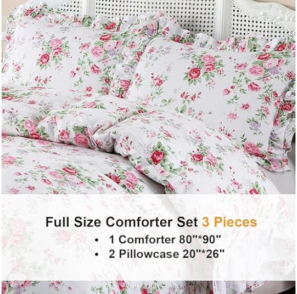Ruffle Duvet Cover Set Queen, 100% Cotton Pink Rose Floral Duvet Cover Cottage French Countryside Vintage Shabby and Chic 3 Pieces with Pillow Shams (Rose,Full)
