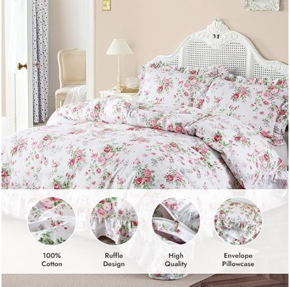 Ruffle Duvet Cover Set Queen, 100% Cotton Pink Rose Floral Duvet Cover Cottage French Countryside Vintage Shabby and Chic 3 Pieces with Pillow Shams (Rose,Full)