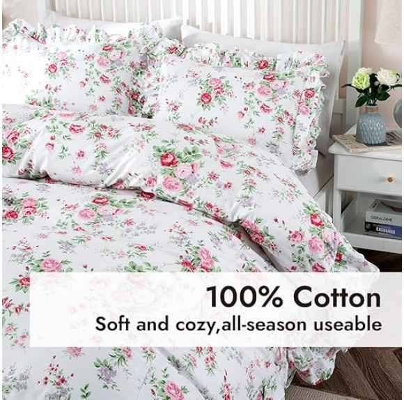 Ruffle Duvet Cover Set Queen, 100% Cotton Pink Rose Floral Duvet Cover Cottage French Countryside Vintage Shabby and Chic 3 Pieces with Pillow Shams (Rose,Full)