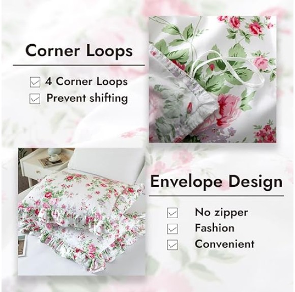 Ruffle Duvet Cover Set Queen, 100% Cotton Pink Rose Floral Duvet Cover Cottage French Countryside Vintage Shabby and Chic 3 Pieces with Pillow Shams (Rose,Full)