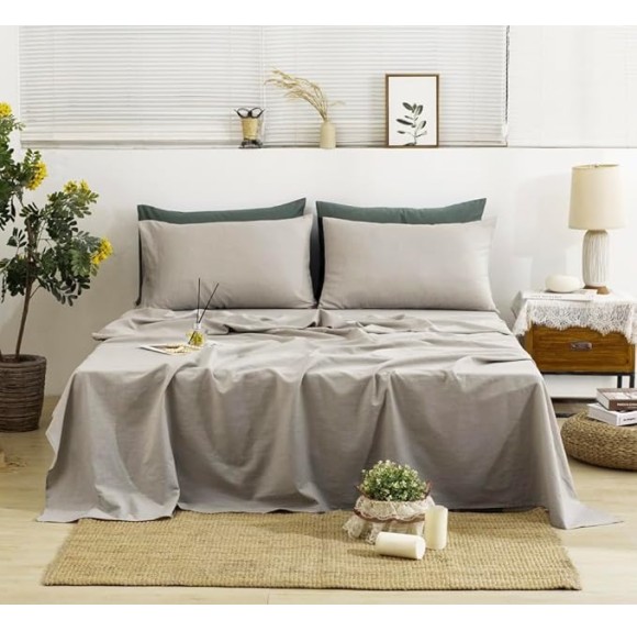 Linen Sheets Queen Size, 100% Washed French Linen Sheets Set, 4Pcs Queen Bedding Sheets Set with Durable Deep Pocket Fitted Sheet & Flat Sheet & 2 Pillowcases, Morandi Grey Queen