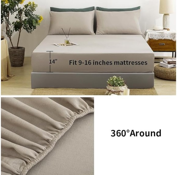 Linen Sheets Queen Size, 100% Washed French Linen Sheets Set, 4Pcs Queen Bedding Sheets Set with Durable Deep Pocket Fitted Sheet & Flat Sheet & 2 Pillowcases, Morandi Grey Queen