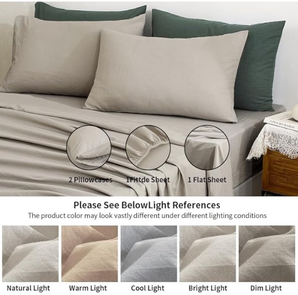 Linen Sheets Queen Size, 100% Washed French Linen Sheets Set, 4Pcs Queen Bedding Sheets Set with Durable Deep Pocket Fitted Sheet & Flat Sheet & 2 Pillowcases, Morandi Grey Queen