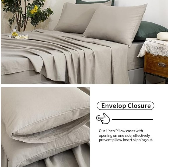 Linen Sheets Queen Size, 100% Washed French Linen Sheets Set, 4Pcs Queen Bedding Sheets Set with Durable Deep Pocket Fitted Sheet & Flat Sheet & 2 Pillowcases, Morandi Grey Queen
