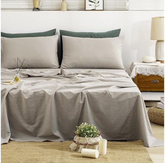 Linen Sheets Queen Size, 100% Washed French Linen Sheets Set, 4Pcs Queen Bedding Sheets Set with Durable Deep Pocket Fitted Sheet & Flat Sheet & 2 Pillowcases, Morandi Grey Queen
