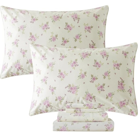 Sheets Set Twin XL Rose Floral Bedding Shabby Beige Flower Bed Sheet Set Vintage Farmhouse Bedding 100% Cotton Ultra Soft Breathable Bedding with Deep Pocket Fitted Sheet 4Pcs, Twin XL Size