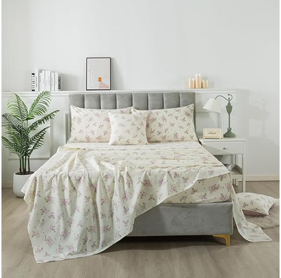 Sheets Set Twin XL Rose Floral Bedding Shabby Beige Flower Bed Sheet Set Vintage Farmhouse Bedding 100% Cotton Ultra Soft Breathable Bedding with Deep Pocket Fitted Sheet 4Pcs, Twin XL Size