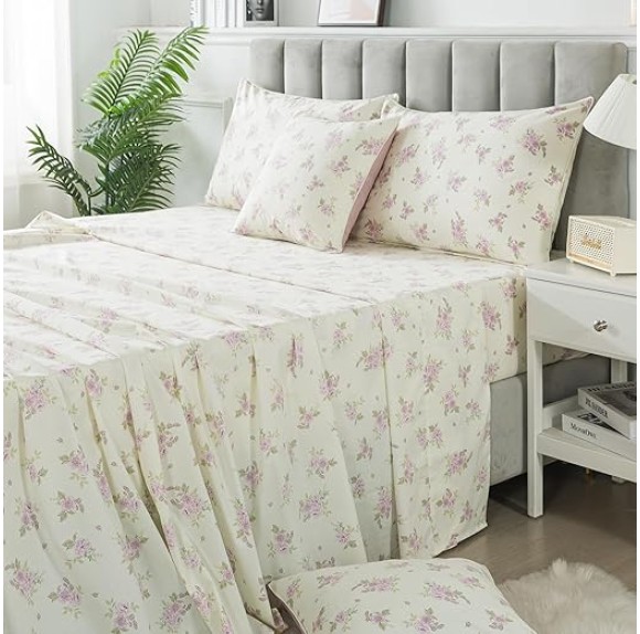 Sheets Set Twin XL Rose Floral Bedding Shabby Beige Flower Bed Sheet Set Vintage Farmhouse Bedding 100% Cotton Ultra Soft Breathable Bedding with Deep Pocket Fitted Sheet 4Pcs, Twin XL Size