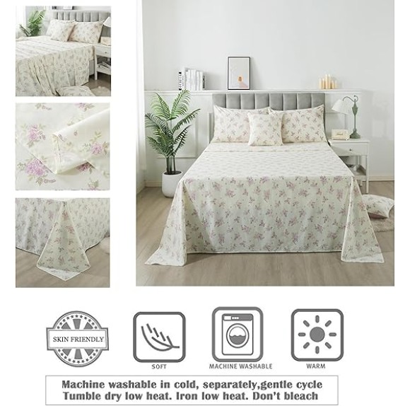 Sheets Set Twin XL Rose Floral Bedding Shabby Beige Flower Bed Sheet Set Vintage Farmhouse Bedding 100% Cotton Ultra Soft Breathable Bedding with Deep Pocket Fitted Sheet 4Pcs, Twin XL Size