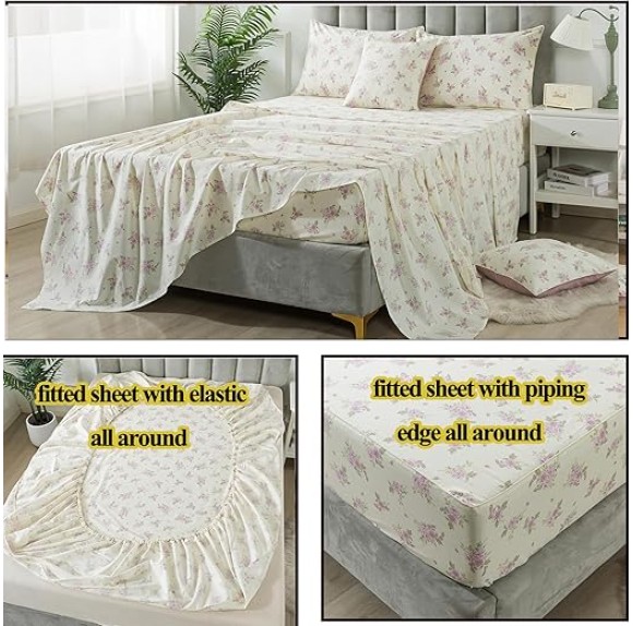 Sheets Set Twin XL Rose Floral Bedding Shabby Beige Flower Bed Sheet Set Vintage Farmhouse Bedding 100% Cotton Ultra Soft Breathable Bedding with Deep Pocket Fitted Sheet 4Pcs, Twin XL Size