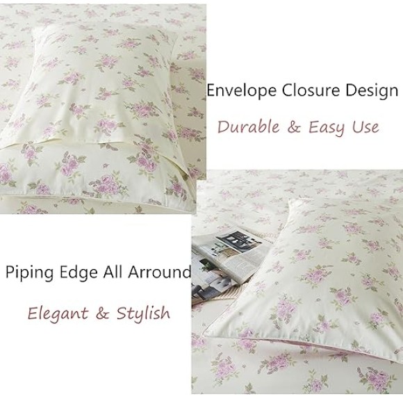 Sheets Set Twin XL Rose Floral Bedding Shabby Beige Flower Bed Sheet Set Vintage Farmhouse Bedding 100% Cotton Ultra Soft Breathable Bedding with Deep Pocket Fitted Sheet 4Pcs, Twin XL Size