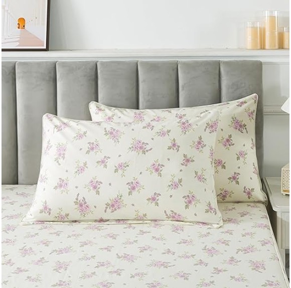 Sheets Set Twin XL Rose Floral Bedding Shabby Beige Flower Bed Sheet Set Vintage Farmhouse Bedding 100% Cotton Ultra Soft Breathable Bedding with Deep Pocket Fitted Sheet 4Pcs, Twin XL Size