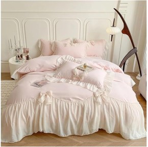 Bed, Lace Bow Bedding Sets Solid Color Lace Ruffle Comforter Set Deluxe Maiden Duvet Cover Set