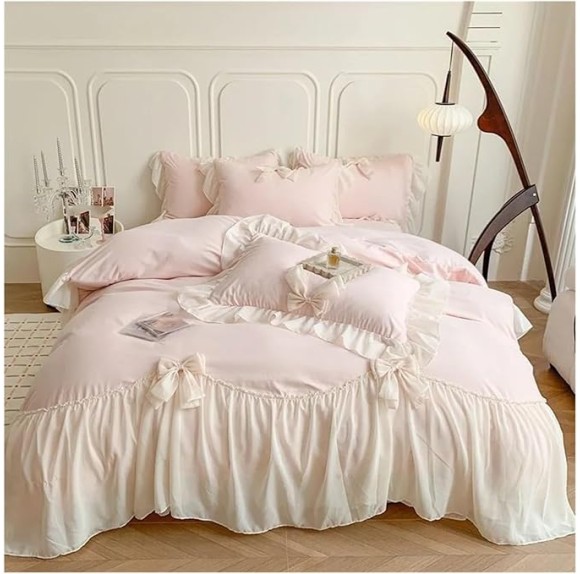 Bed, Lace Bow Bedding Sets Solid Color Lace Ruffle Comforter Set Deluxe Maiden Duvet Cover Set