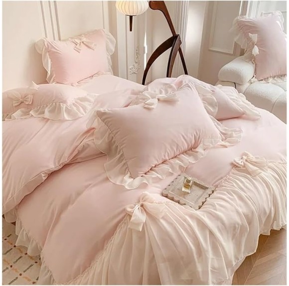 Bed, Lace Bow Bedding Sets Solid Color Lace Ruffle Comforter Set Deluxe Maiden Duvet Cover Set