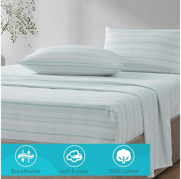 100% Cotton Sheet Set Breathable, Lightweight, Soft with 14" Elastic Pocket Fits up to 16" Mattress, All Season Cozy Bedding, Matching Pillow Case, Queen Good Vibes 4 Piece