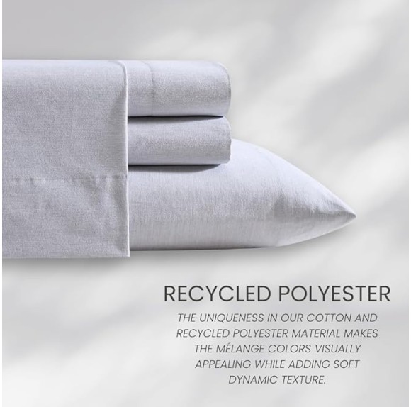 Easy Eco 3pc Sheet Set, 100% Bleach Safe, Benzoyl Peroxide Resistant, Sustainably Made, Melange Color, Durable Design, Twin XL - Blue Melange