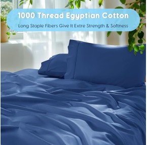 100% Egyptian Cotton Sheets Set - 1000 High Thread Count, Luxury 5-Star Hotel Sateen Bed Sheets, Soft, Breathable Long Staple Sheets, Fit up to 16" - 4 PC (Navy Blue,King)
